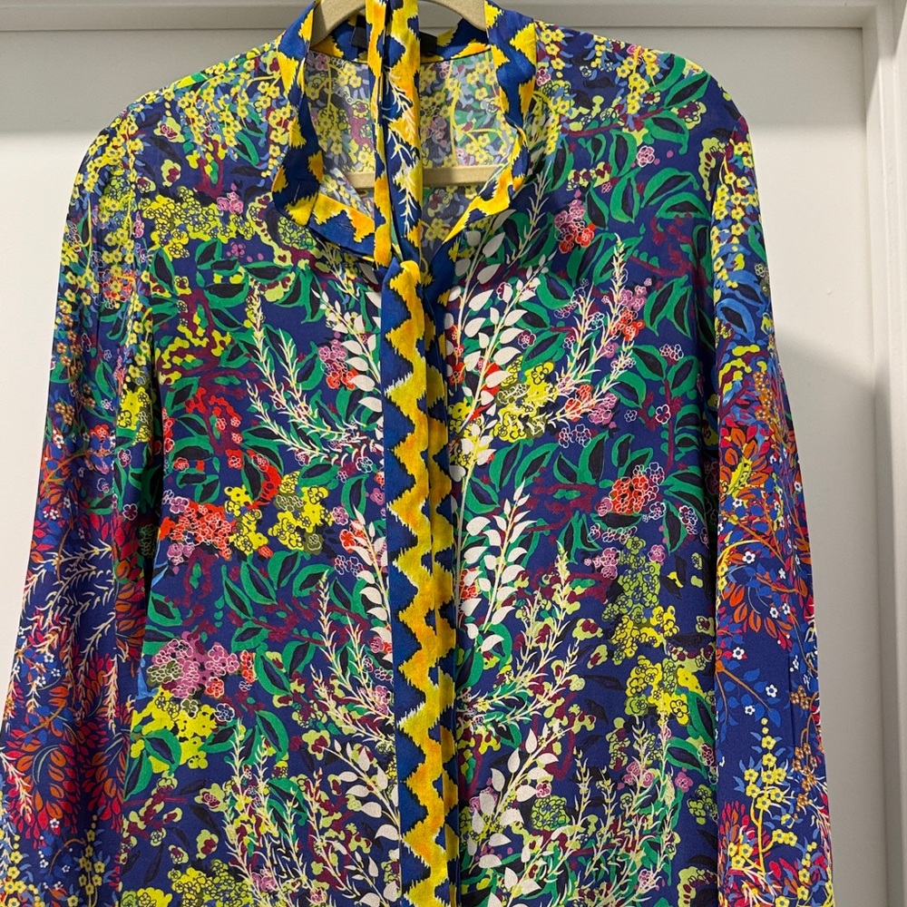 SALONI Multicolor Floral Long Sleeve Silk Dress with Yellow Trim - Picture 4 of 5